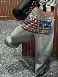 Y2K College American Hip-Hop Goth Print Kordelzug Jogginghose mit weitem Bein Lose 90er High Street Sporthose Bodenlange Hose