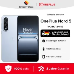OnePlus Nord 5 Smartphone 5G Snapdragon 8s Gen 3 6,83 Zoll AMOLED-Display 144 Hz 5200 mAh 80W SUPERVOOC-Ladefunktion 50 MP Dual-Kameras