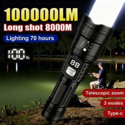100000LM superhelle Taschenlampe, wiederaufladbare LED-Taschenlampe, große Reichweite, taktische Lampe für wasserdichte Camping-Angellaterne im Freien