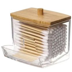 Baumwolle Tupfer Lagerung Box Doppel Kopf Baumwolle Knospen Container Transparent Quadrat Bambus Abdeckung Baumwolle Tupfer Zahnstocher Organisieren Box