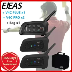 EJEAS V4C PLUS + V6C PROx2 Fußball 3-Schiedsrichter-Intercom-Headset 1200 m Fußball-Vollduplex-Bluetooth-Konferenz-Interphone + Handtasche