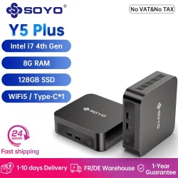 SOYO Y5 Plus Mini-PC mit Intel Core i7 Prozessor der 4. Generation, Windows 11 Pro, 8 GB RAM, 128 GB M.2 SSD, unterstützt zwei 4K-Displays über USB-C, ideal für Büro und Business.