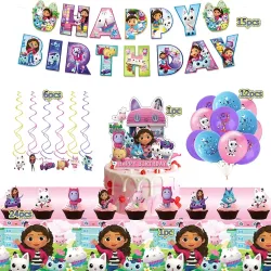 Gabby Dollhouse Geburtstagsparty-Dekorationen Einweg-Tischgeschirr Teller Becher Girlande Ballon Hintergrund Babyparty-Geschenke