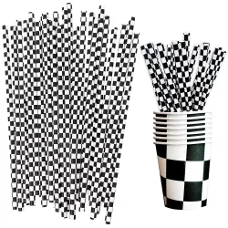25 teile/paket Karierte Flagge Papier Stroh und 10 teile/paket Pappbecher Schwarz Weiß Racing Auto Geschirr Racing Geburtstag Party Dekoration