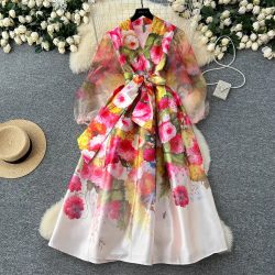 Neue Hohe Qualität Frauen Frühling Sommer Mesh Patchwork Pring Blume V-ausschnitt Laterne Hülse Spitze Up Bogen Boho Urlaub Party Kleider