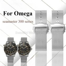Schwarzes 20-mm-Mesh-Armband für Omega Seamaster, Edelstahl, spezielle Schnalle, flache Schnittstelle, schweißfest, atmungsaktiv, hautfreundlich
