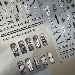 5D Halloween Punk Metallic Nail Art Aufkleber Silber Schnalle Gürtel Verband Kaninchen Liebe Knochen Klebe Aufkleber Maniküre Dark Charms