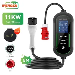 IPENGEN 11KW Typ2 EV-Ladegerät Tragbar 5M Kabel 8-16A Einstellbarer Strom 16A 3-Phasen Verzögerungsladung EVSE Ladebox IEC 62196-2