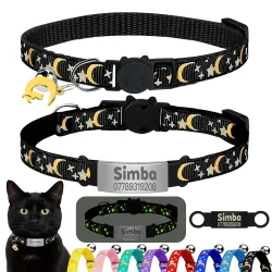 Maßgeschneiderte süße leuchtende Katzenhalsband mit kostenloser Gravur für Welpen und Kätzchen, Anti-Verlust-Haustier-ID-Namensschild-Halskette mit Glöckchen- und Mondornament