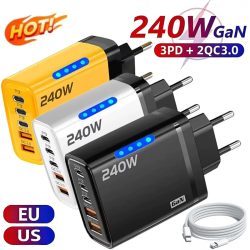 5-in-1 GaN USB-C Desktop-Ladegerät 240W Schnellladegerät mit geflochtenem Typ-C-Kabel für iPhone, Samsung, Xiaomi, EU/US-Stecker