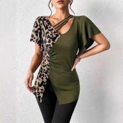 2026 Neue Damen Sommer-Tops mit Leopardenmuster, Asymmetrischem Kragen und Schmetterlingsärmeln