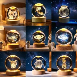 3D Kristallkugel LED-Nachtlicht Pokemon Sonnensystem Galaxie Erde 3D Gravierte Kristalllampe mit Holzsockel für Schlafzimmerdekoration