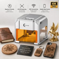 Carverall K4 3W Lasergravierer, Tragbare Mini-Graviermaschine mit WiFi-App-Steuerung und USB, 80 x 80 mm, Bis zu 0,01 mm Präzision, für Holz, Bambus, Leder, Papier, Karton, DIY-Geschenke,