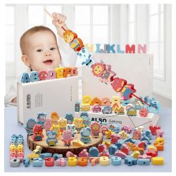 Kinder Montessori Holz Schnürung Spielzeug DIY Holz Perlen Für Kinder Cartoon Tiere Obst Brief Digitale Perlen Threading Spielzeug Geschenke