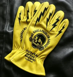 Vintage Motorradhandschuhe aus Leder mit Totenkopf-Print, vielseitig einsetzbar für Gartenarbeit, Camping, Reiten, Outdoor-Aktivitäten, Arbeitshandschuhe aus Rindsleder