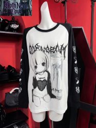 Frühling Herbst Japanisches Yami Kawaii Girly Goth T-Shirt Langarm O-Ausschnitt Bedrucktes Loses Oberteil Jirai Kei Subkultur Lässiges Shirt Damen
