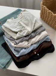 Basic-Hemd aus Seidenwolle für Damen, Herbst und Winter, runder Knopfhalsausschnitt, schmale Strickwaren, einfarbig, gestreift, langärmelig