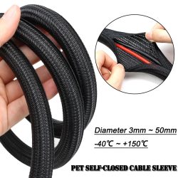 2/10 m schwarze, selbstschließende, geflochtene PET-Kabelhülse, Durchmesser 3 mm ~ 50 mm, verschleißfeste, isolierte Kabelorganisator-Kabelmanagementhülle