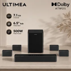 ULTIMEA Poseidon D80 Boom 7.1-Kanal 500W Dolby Atmos Soundbar, Kabelloser Subwoofer & 4 Surround-Lautsprecher, Heimkino-TV, APP-Steuerung