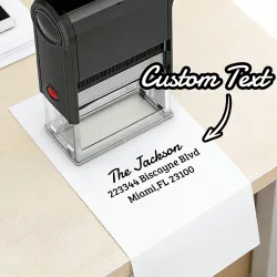Individueller Adressstempel, Rücksendeadressstempel, selbstfärbend, personalisierbar, individuell gestaltbarer Geschäftsstempel, schwarze Tinte, Stempelgerät