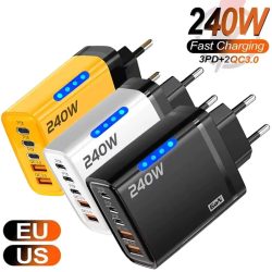 240W GaN 5-in-1 Schnell-Ladegerät USB-C Ladegerät Netzteil Typ C EU/US-Stecker Wandladegerät für iPhone Samsung Xiaomi