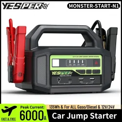 YESPER N1 12V/24V 6000A Starthilfe 36400mAh Tragbare Auto-Powerbank 135Wh Starthilfebox 3-Modus LED Funkenfreier Auto-Notfall-Booster für ALLE Benzin-/Dieselfahrzeuge und Boote -40 ° C~60 ° C