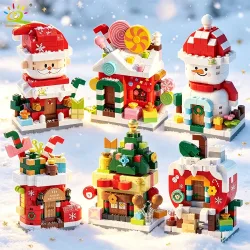 HUIQIBAO Weihnachts-Mini-Bausteine Weihnachtsmann Schneemann Weihnachtsbaum Haus Bausteine Set DIY Tischdekoration Kinder Weihnachtsdekoration Geschenk
