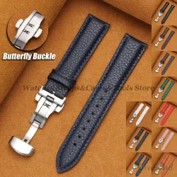 Echtes Kalbsleder-Litschi-Leder-Uhrenarmbänder 16/18/19/20/21/22/24 mm für Seiko für Omega Business Herren Damen Schmetterlingsschnallenarmband