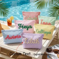 Maßgefertigte Seersucker Kosmetiktasche & Reisebeutel ? Personalisierte Chenille-Namens-Toilettentasche & Sommer-Strandtasche