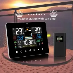 Multifunktions-Wetterstation, Wecker, Thermometer, Hygrometer, Touchscreen, kabelloser Sensor, Sonnenaufgang, Sonnenuntergang, Hygrothermograph