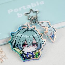 Genshin Impact Lohen Chibi Acryl-Schlüsselanhänger, Doppelketten-Sternverschluss, Niedlicher Anime-Schlüsselring, Holografischer Rand, Spielcharakter