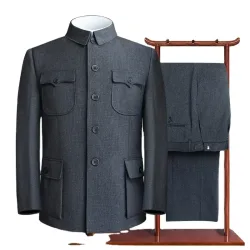 Set chinesischer Tunika-Anzug für Herren, Mao-Anzug, Mantel mit Hose, 2-teiliges Set, Zhongshan-Jacke und Hose, Twinset
