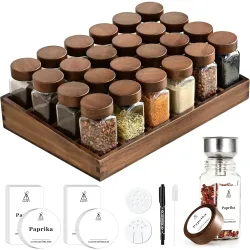 Gewürzregal aus Akazienholz mit 12/24 x 120 ml Gewürzgläsern und Etiketten |   Küchen-Organizer, leicht zu bewegen, um Gewürze zu bewegen