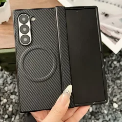 Luxuriöse Carbonfaser-Handyhülle mit Magnetscharnier für Samsung Galaxy Fold 8 7 6 5 4, kabelloses Laden, harte und weiche Silikon-Schutzhülle