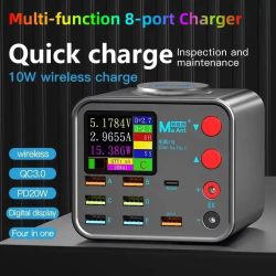 DianBa Nr. 1 PD 8-Port LCD Multifunktions-Schnellladegerät Drahtloses Laden Mobiltelefon Strom Datenleitungserkennung Einbrennreparatur