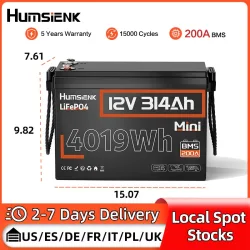 HumsiENK 12V 314Ah LiFePO4 Lithium-Batterie 200A BMS 15000 Zyklen für Off-Grid/RV/Camping/Marine/Energiespeicherung/2 Jahre Garantie/UL 1973
