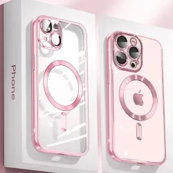 Klare, plattierte, ultradünne Silikonhülle für iPhone 16, 15, 14, 13, 12, 11, Pro Max 16, Plus, Magsafe, magnetische Linsenfolie, Schutzabdeckung, Rosa