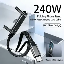 240W USB-C Ladekabel 150cm, Geflochtenes Schnellladekabel mit Ständer, Abgewinkelter Anschluss, Datensynchronisation für Mobiltelefone und Gaming