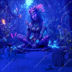 NONE, Mystische Schamanenfrau, UV-Wandteppich, Boho-Dschungel-Wandkunst mit Leoparden- und leuchtendem Wald für Meditation, Raumdekoration, spirituelles Zuhause