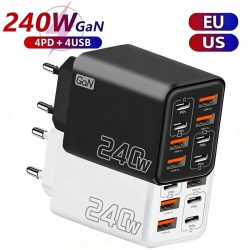 8-in-1 GaN Desktop USB-Telefonladegerät 240W PD Schnellladegerät 4PD 4USB für iPhone 16 15 Pro Samsung Xiaomi EU US Stecker Netzteil