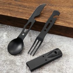 Tragbares Multifunktionales Edelstahl-Campingbesteck-Set, Outdoor-Essgeschirr-Kit mit Löffel, Gabel und Pfeife für Wandern, Picknick und Reisen