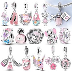 Rosa Charms-Anhänger, Original 925er Sterlingsilber, Herz, Familie, Freundschaft, Unendliche Liebe, Charm für Armbänder, DIY-Perle, Damenschmuck