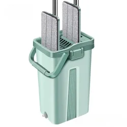 NONE, Flacher Auswringmop mit Eimer, Einfaches Auswringen, Allzweck-Bodenreinigung, Mikrofaser-Pads, Nass und Trocken, für Hartholz und Laminat