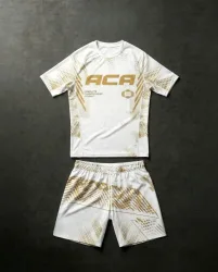 2026 Herren-Kampfsport-Rashguard & Shorts Weiß-Gold-Linienmuster Kompressionsset ? Wrestling- & MMA-inspirierte Trainings-Activewear
