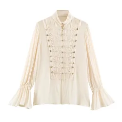2026 Sommer Damen Vintage Chinesische Bluse mit geknoteten Knöpfen, langen ausgestellten Ärmeln, elegant, locker geschnitten, mit Rüschen und Stehkragen