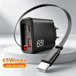 65W USB-C-Ladegerät mit einziehbarem Typ-C-Kabel EU/US/UK-Stecker Wandladegerät für iPhone Samsung Xiaomi Huawei QC3.0 Handy-Ladegerät