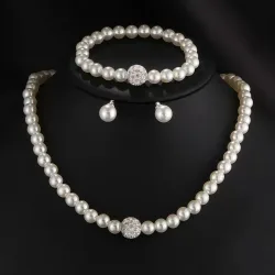 3-teiliges Imitationsperlen-Feuerball-Halsketten-Armband-Ohrring-Ohrstecker-Schmuckset, silberfarben, Kristallstein, eleganter Brautschmuck, Geschenk
