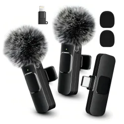 Kabelloses Mini-Lavalier-Clip-Mikrofon mit flauschiger Windschutzhaube, Dual-Port-Typ-C- und Lightning-Adapter für iPhone, Android, Tablets, Laptop