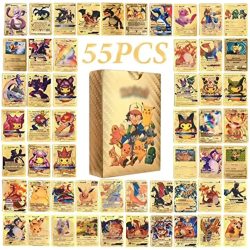 Pokemon 55 Stück Gold-Karten-Packs Vmax DX GX Seltene Goldene Karten TCG Deck Box Goldfolien-Karten Sortierte Karten Vier Stile