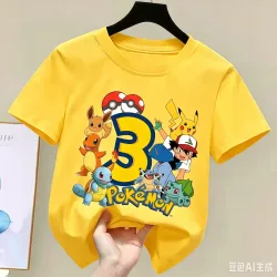 2026 Pikachu Kinder T-Shirts mit Geburtstagsnummer 1-9 Bedruckt T-Shirt Jungen Mädchen Sommer Kurzarm Oberteile Kinderkleidung